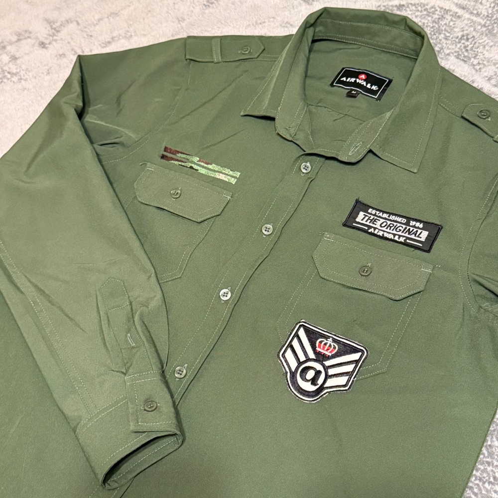 Airwalk Men's Army Green Long Sleeve Button Up Shirt Military Style Patches Sz M